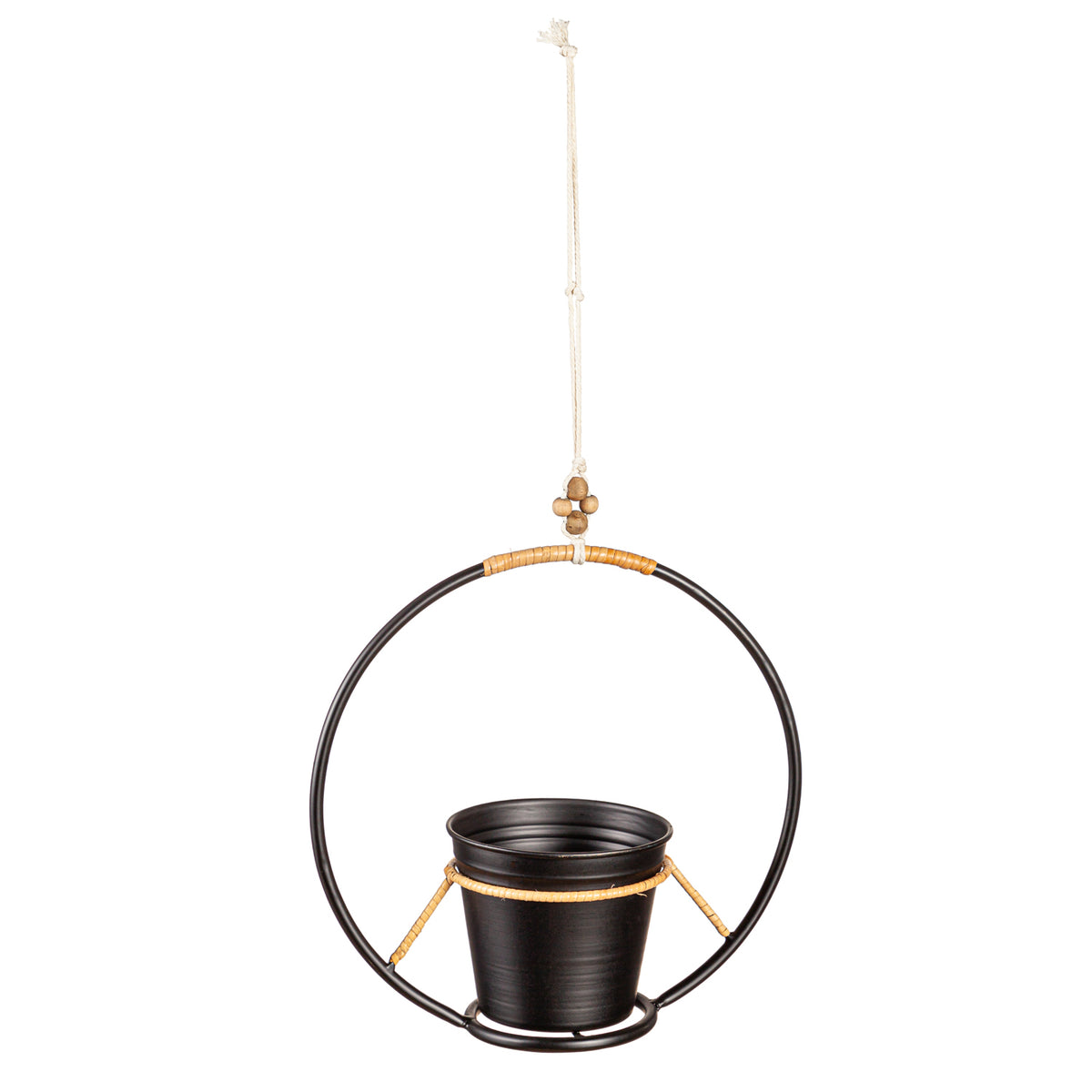 Pot, 4in, Metal, Black with Rattan Hanger