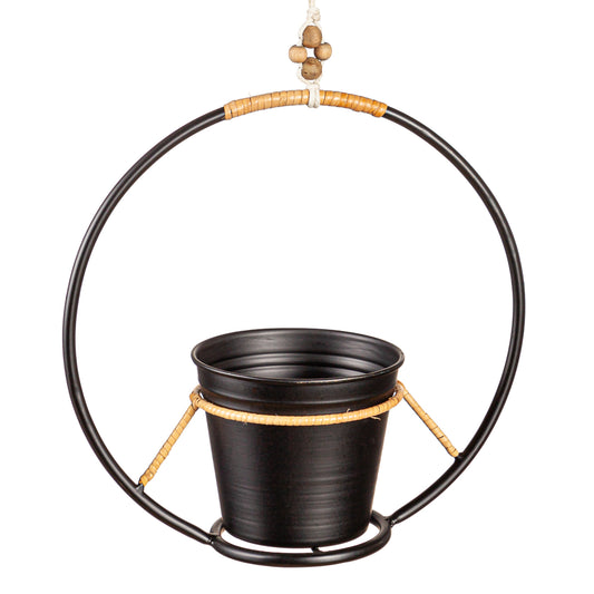 Pot, 4in, Metal, Black with Rattan Hanger