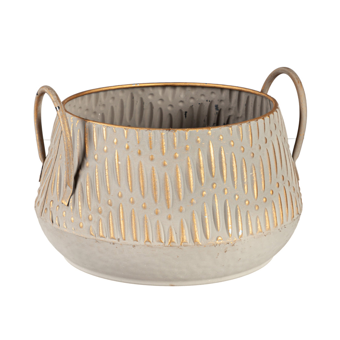 Planter, 10in, Metal, Embossed with Handles, Grey