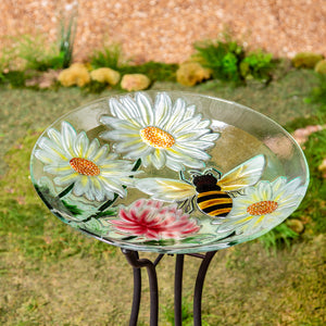 Hand Painted Glass Bird Bath, Daisies & Bee, 18in