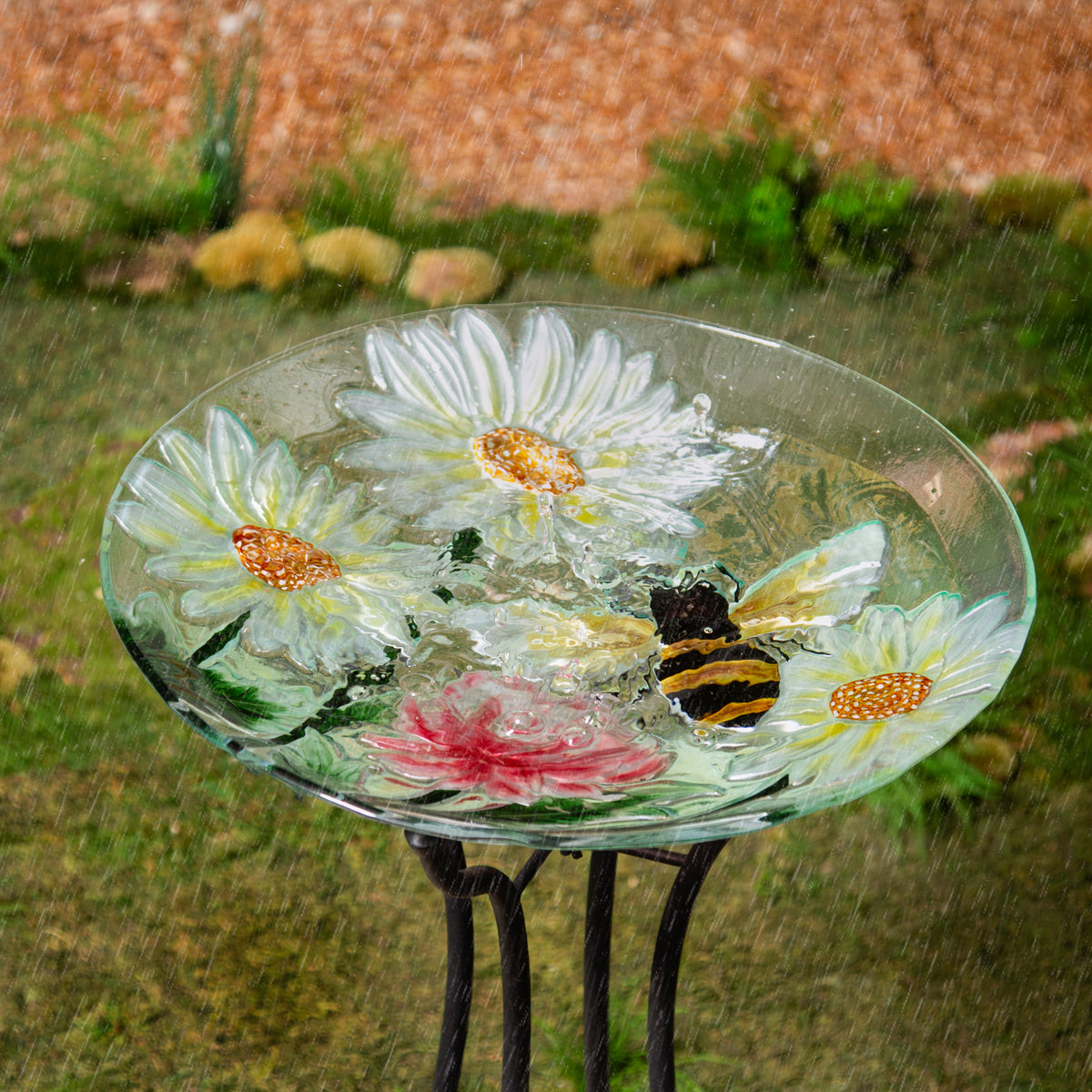 Hand Painted Glass Bird Bath, Daisies & Bee, 18in