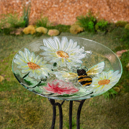 Hand Painted Glass Bird Bath, Daisies & Bee, 18in