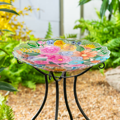 Embossed Glass Bird Bath, Bundle of Flowers, 18in