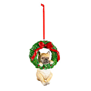 Resin Dog in Wreath Christmas Ornament, 4in