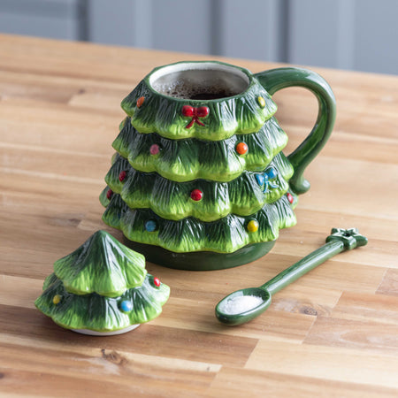 Ceramic Christmas Tree Mug with Spoon Set, 16oz