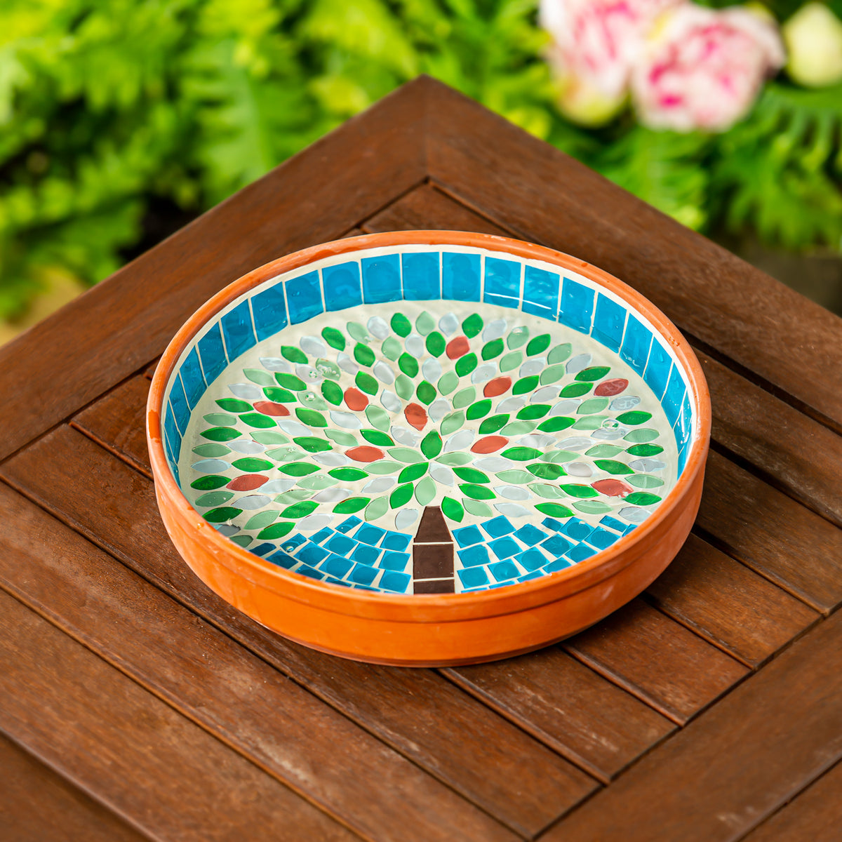 Terracotta Mosaic Bird Bath, Bountiful Tree, 10in