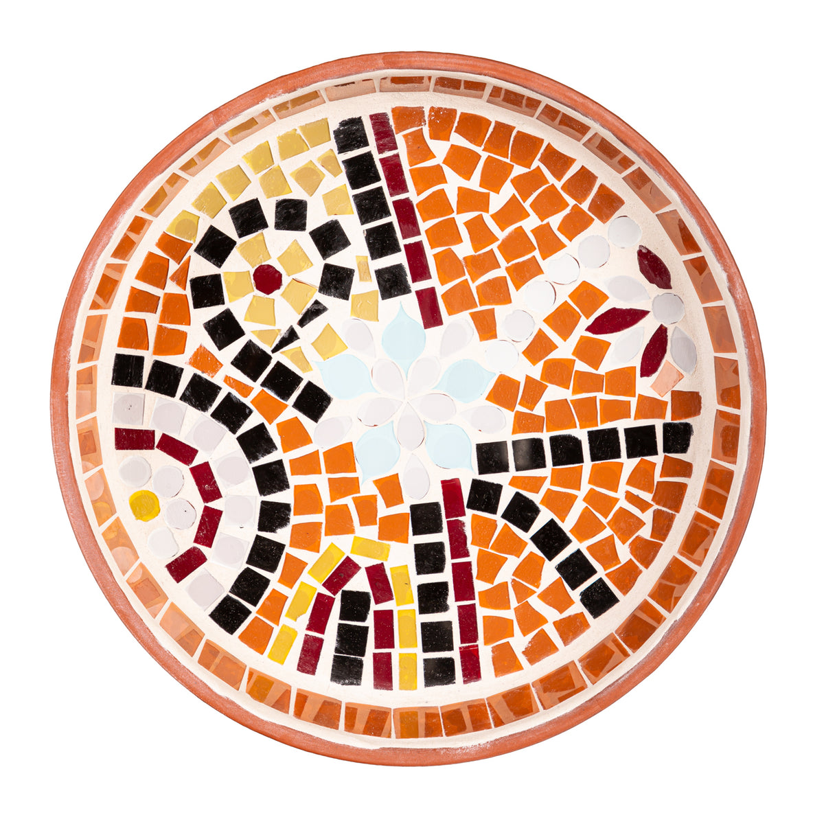 Terracotta Mosaic Bird Bath, Red Flower, 10in