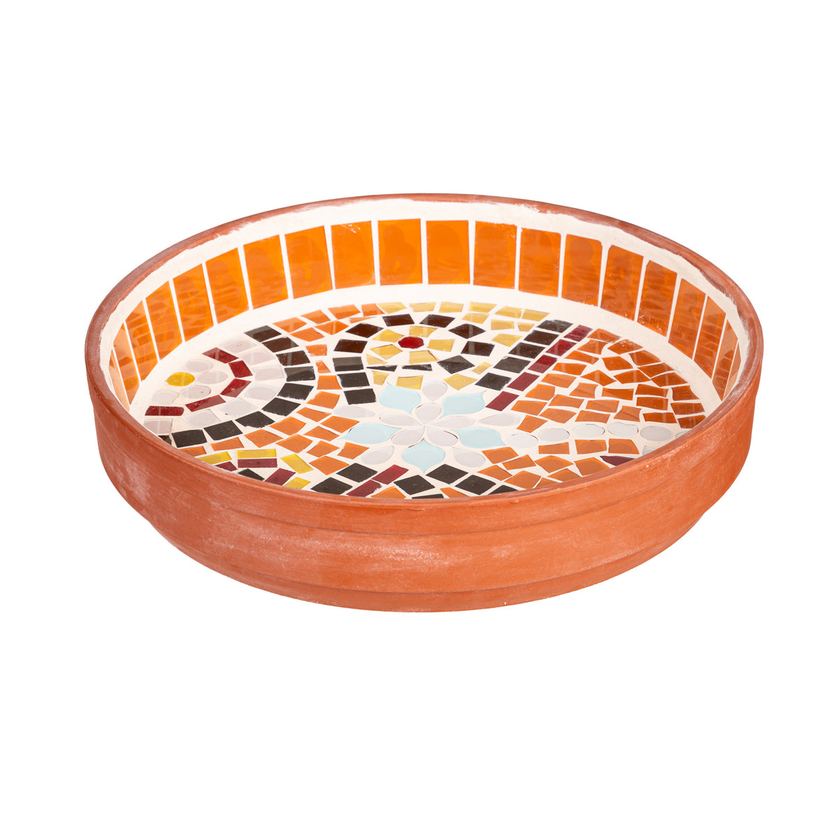Terracotta Mosaic Bird Bath, Red Flower, 10in