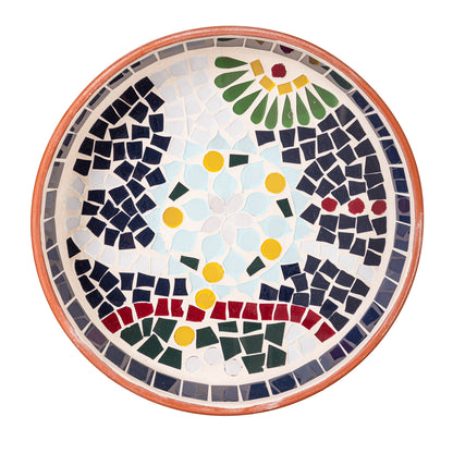 Terracotta Mosaic Bird Bath, Blue Flower, 10in