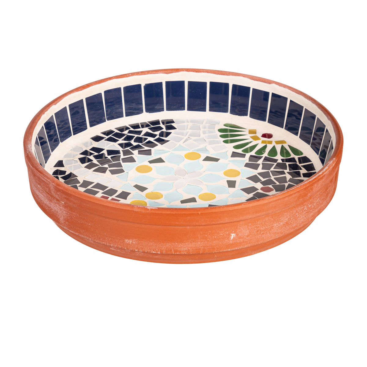 Terracotta Mosaic Bird Bath, Blue Flower, 10in