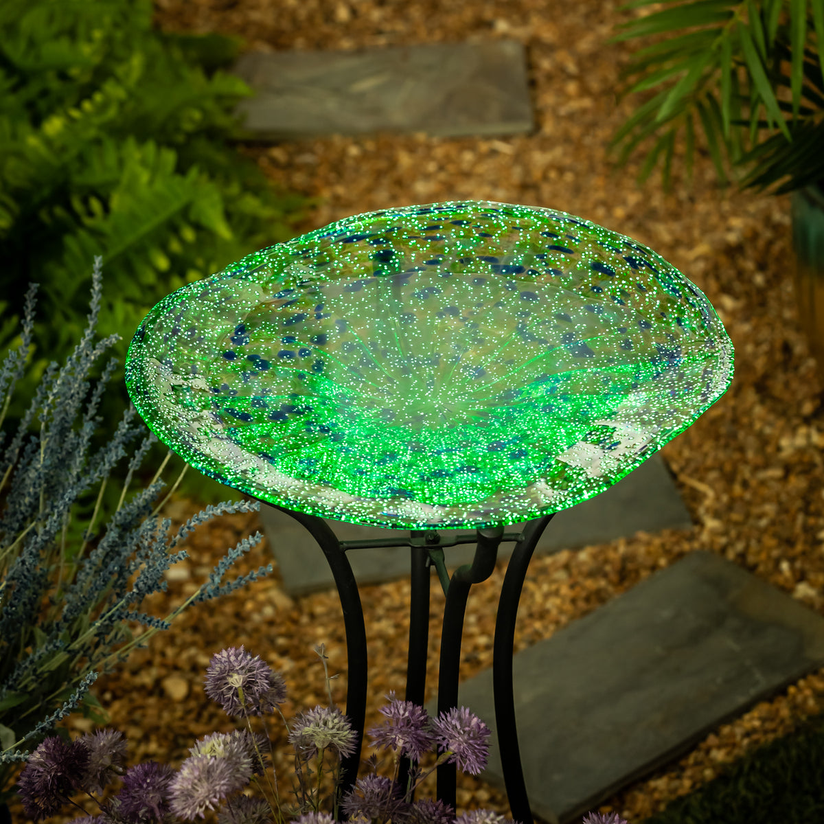 Glass Glow-in-the-Dark Bird Bath, Green, 15in