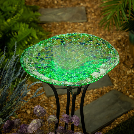 Glass Glow-in-the-Dark Bird Bath, Green, 15in