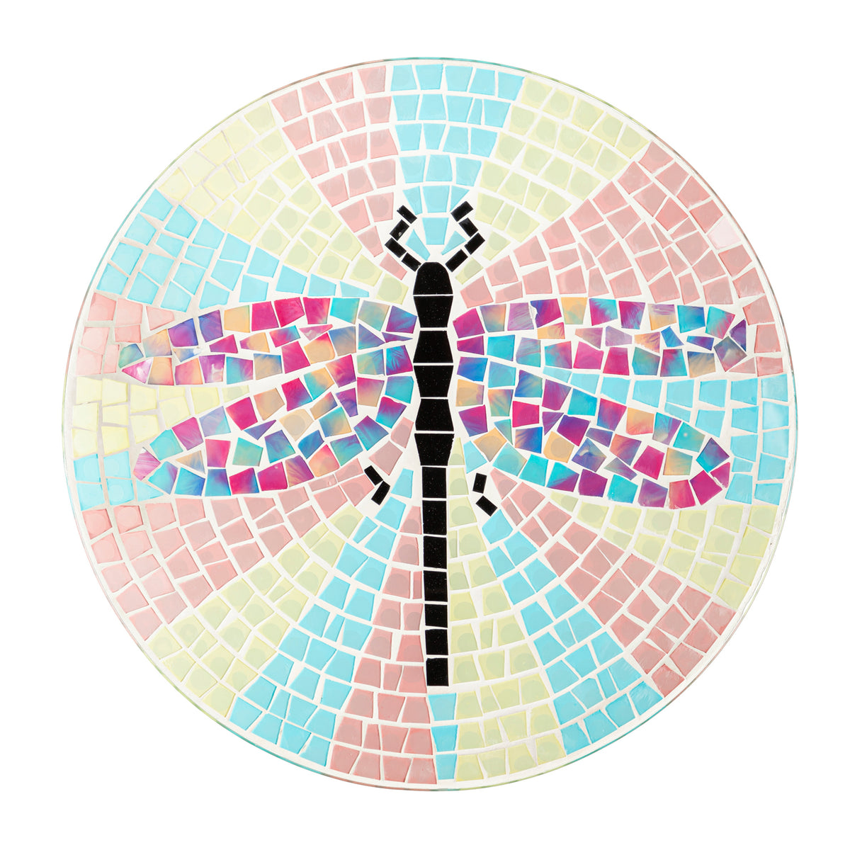 Glass Mosaic Bird Bath, Bright Dragonfly, 15in
