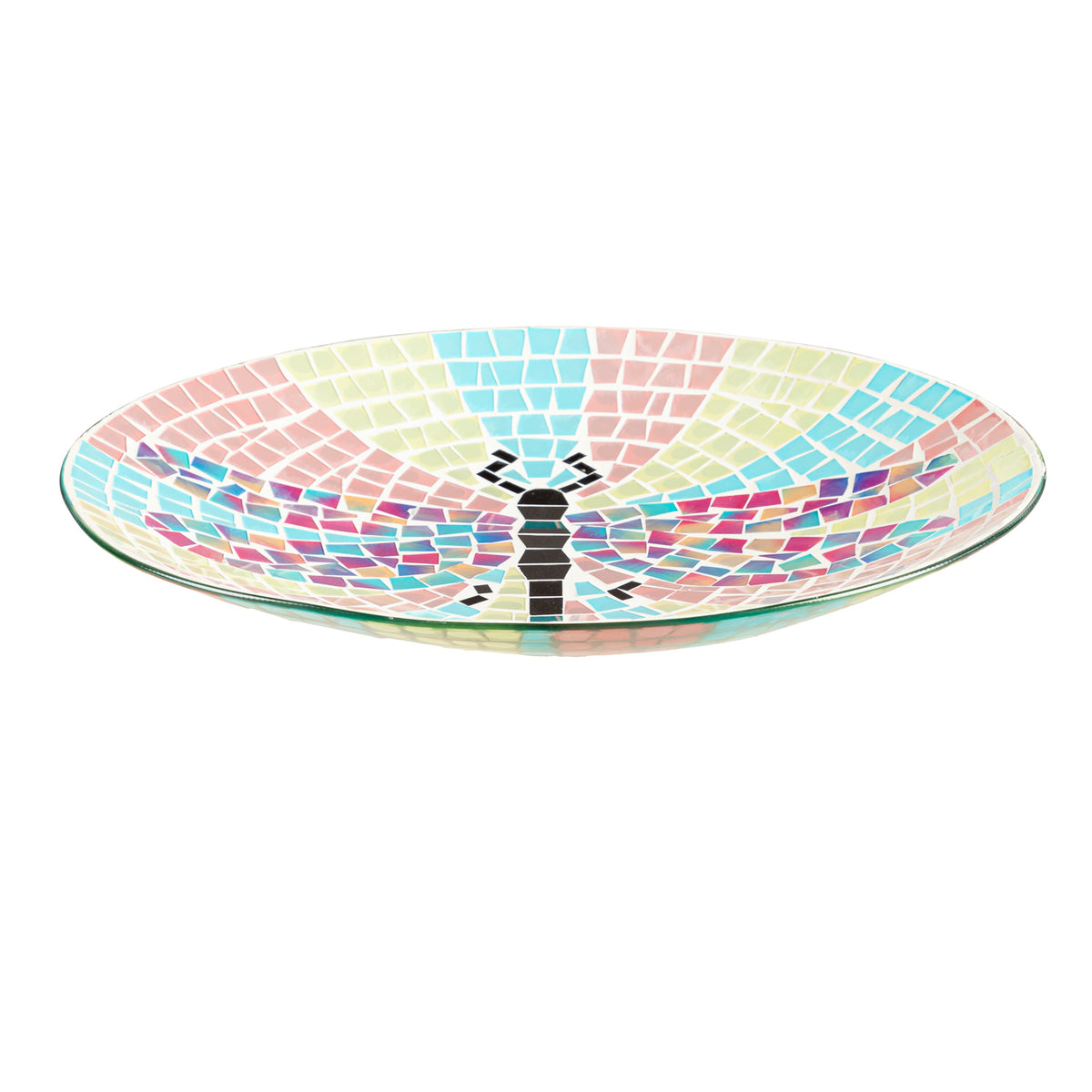 Glass Mosaic Bird Bath, Bright Dragonfly, 15in