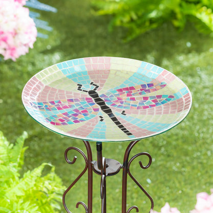 Glass Mosaic Bird Bath, Bright Dragonfly, 15in