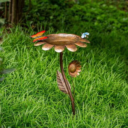 Metal Butterfly Flower Bird Bath with Stand, 15in