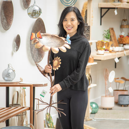 Metal Butterfly Flower Bird Bath with Stand, 15in