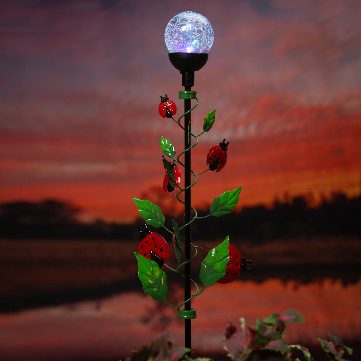 Solar Glass Orb w/ Ladybugs Garden Stake, 37in