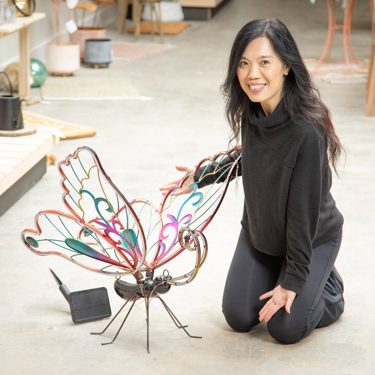 Metal Solar Neon Butterfly Statue, 28in