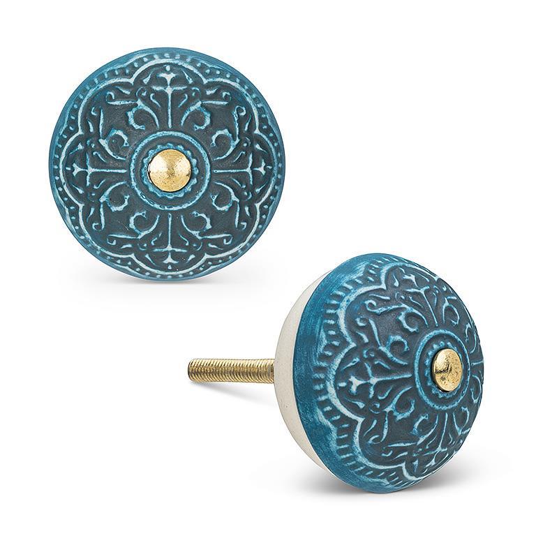 Drawer Knob, Textured Blue Scroll