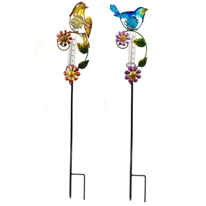 Solar Stake with Rain Gauge, Metal Bird 2 Asst