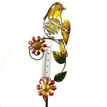 Solar Stake with Rain Gauge, Metal Bird 2 Asst