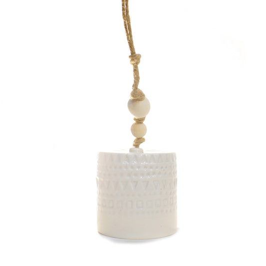 Stoneware Bell, White w/ Wood Bead 2 Asst