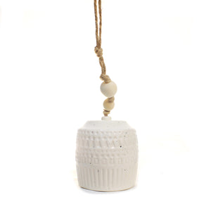 Stoneware Bell, White w/ Wood Bead 2 Asst