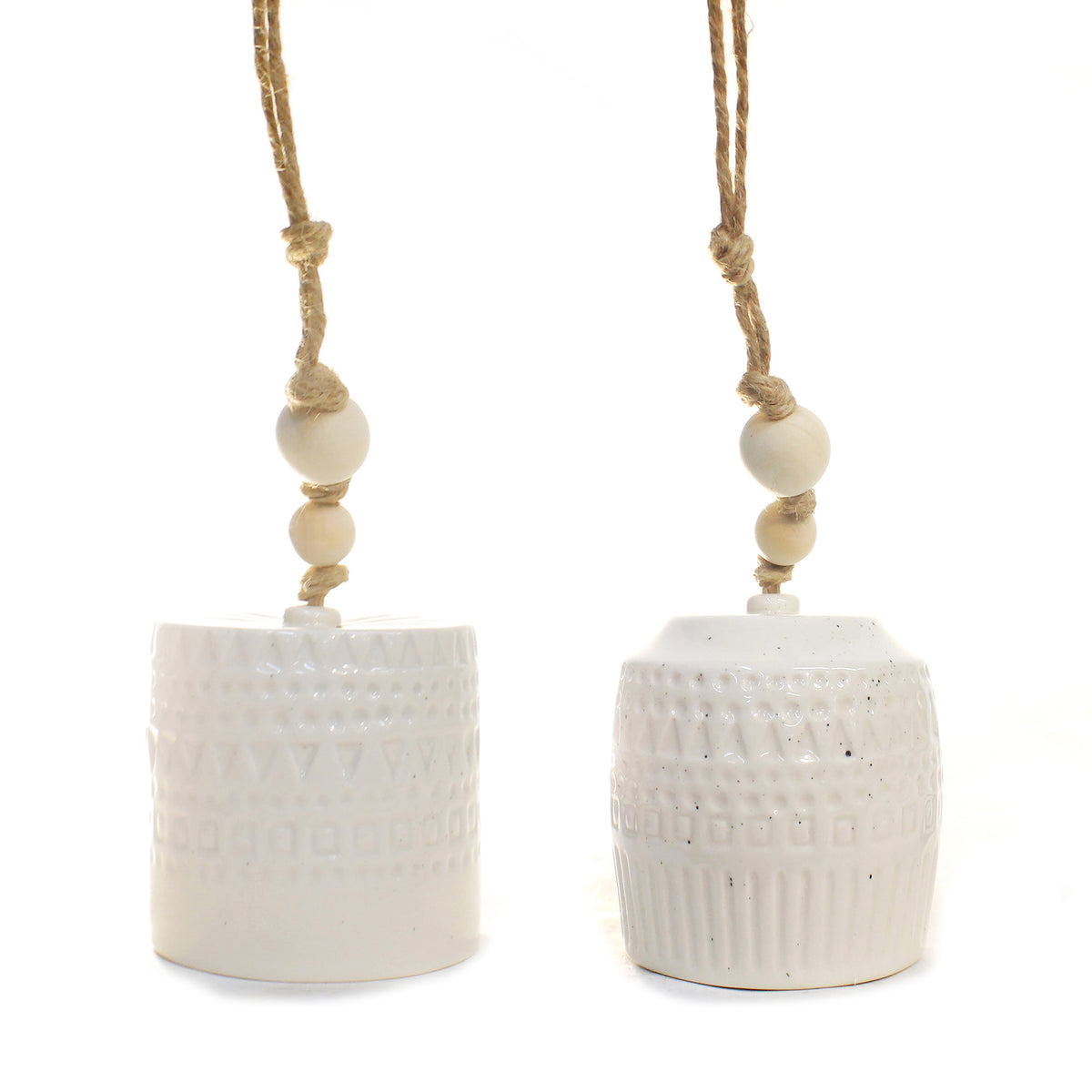 Stoneware Bell, White w/ Wood Bead 2 Asst