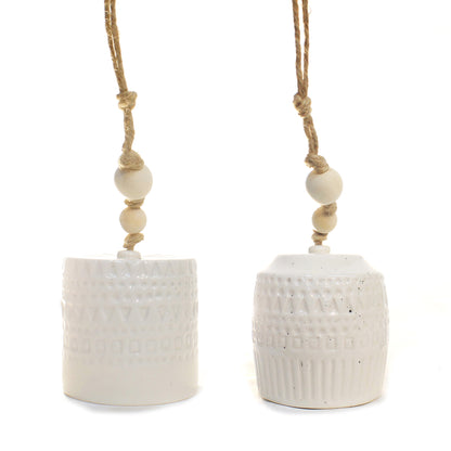 Stoneware Bell, White w/ Wood Bead 2 Asst