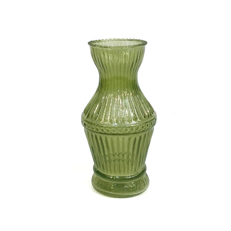 Glass Debossed Vase, Green 4" Round x 5"H