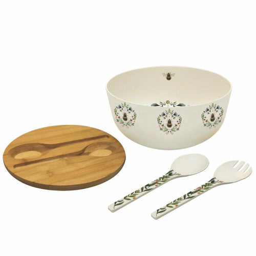 Bamboo Salad Bowl Set with Lid & Utensils, Bee