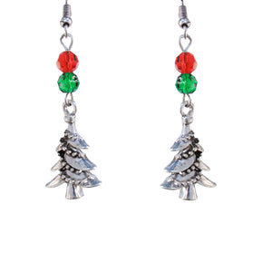 Earrings, Silver Christmas Tree with Beads