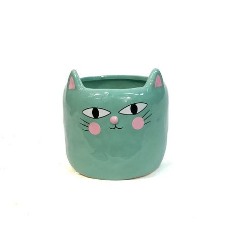 Pot, 4in, Ceramic, Dolomite, Cat with Ears, Aqua
