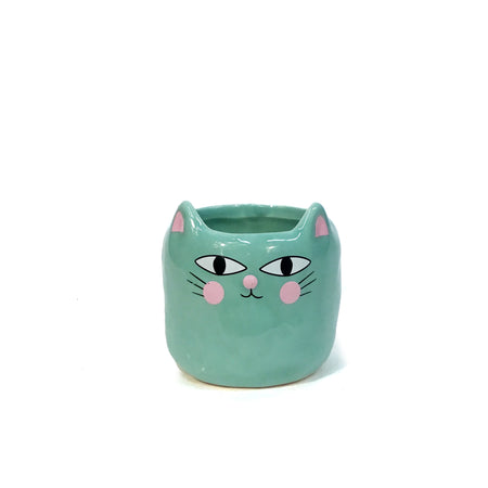 Pot, 2in, Ceramic, Dolomite, Cat with Ears, Aqua