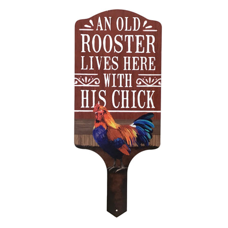 An Old Rooster Lives Here Sign Metal Stake, 15.5in