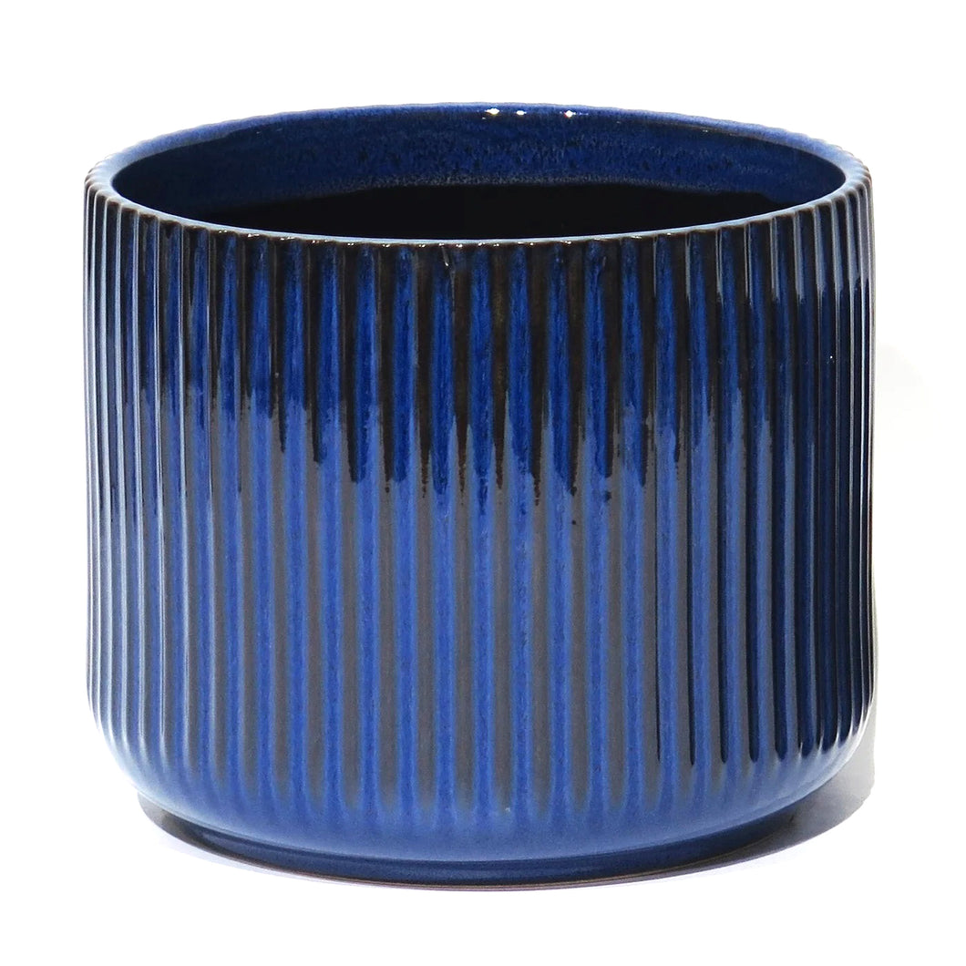 Pot, 6in, Ceramic, Ridged, Blue