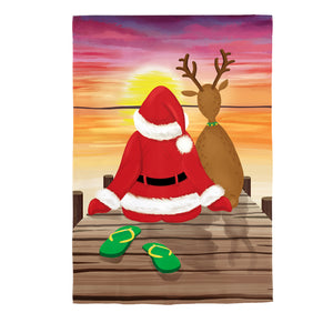 Santa & Reindeer Sunset Applique Garden Flag