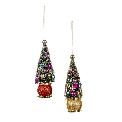Bottle Brush Xmas Tree w/Drum Base, 6in, 2 Asst