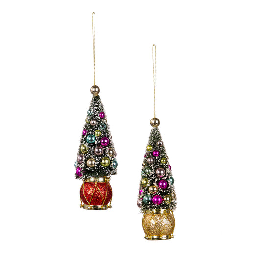 Bottle Brush Xmas Tree w/Drum Base, 6in, 2 Asst