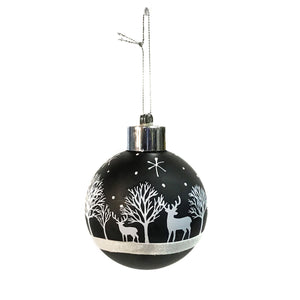 Black Ball Ornament With White Deer 3in