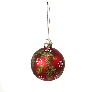 Red Ball Ornament With Foliage 3in