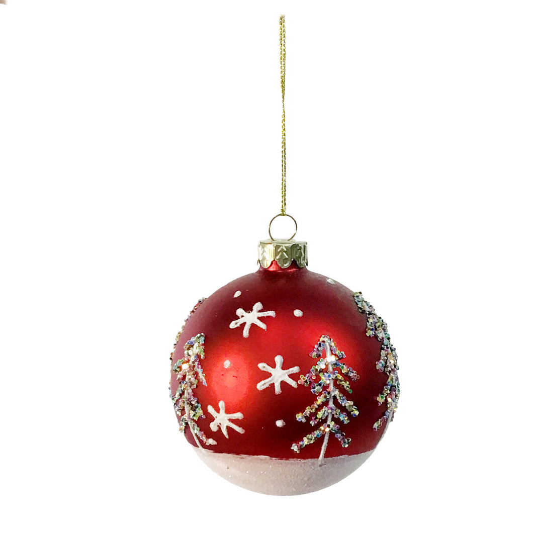 Red Ball Ornament With Glitter Trees 3in