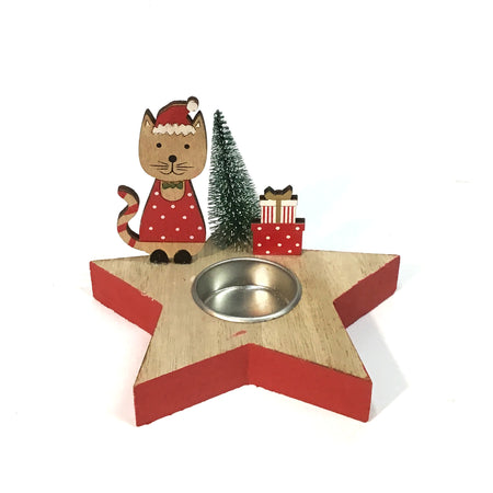 Red Star Tea Light Holder w/Holiday Cat & Tree