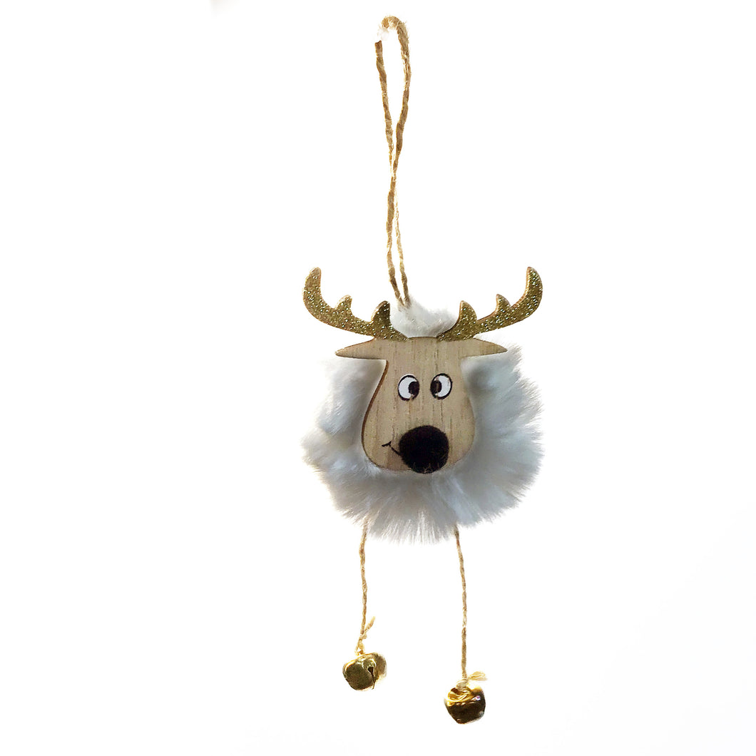 Faux Fur Reindeer Ornament W/Bells, 2 Asst