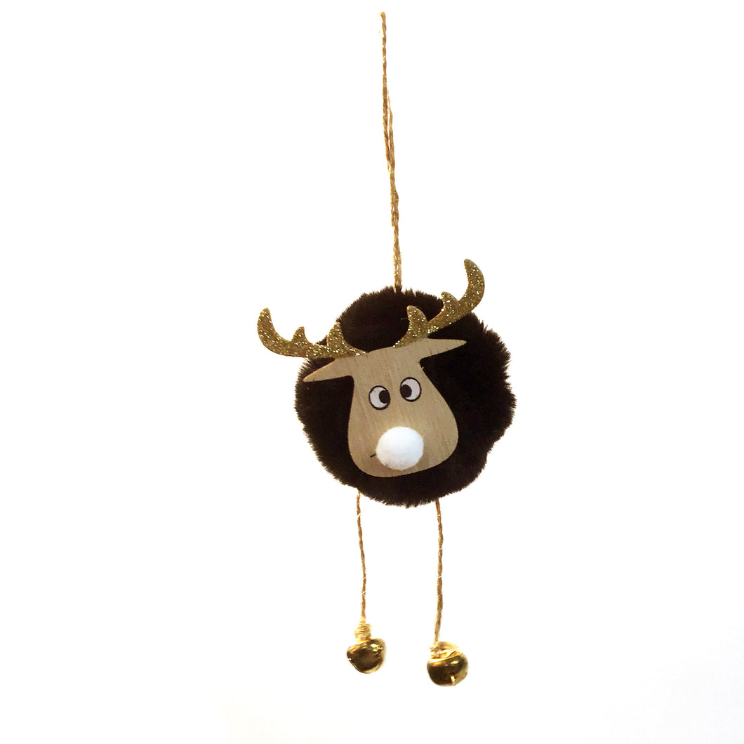 Faux Fur Reindeer Ornament W/Bells, 2 Asst