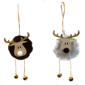 Faux Fur Reindeer Ornament W/Bells, 2 Asst