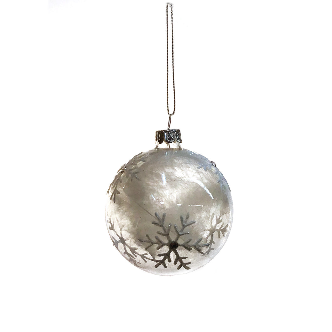 Ball Ornament with White Feathers, 3.5in