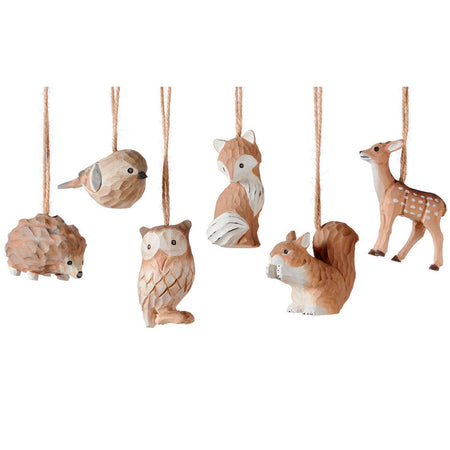 Wooden Carved Animal Ornaments, 6 Asst