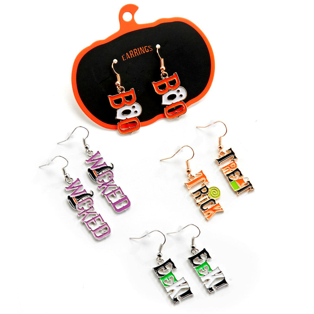 Halloween Text Earrings, 4 Asst